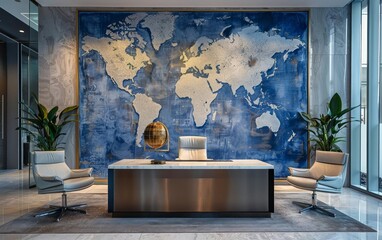 A refined world map hanging in a prestigious office, detailed with intricate mesh patterns and small gold dots pinpointing international corporate offices