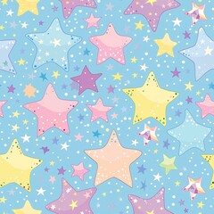 Pastel coloured stars and birthday graphics in a seamless pattern, creating a fantasy-like atmosphere with a flow of colours, suitable for pride and party posters