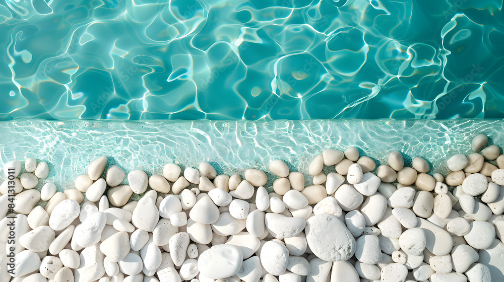 Poster top view of white pebbles on the bottom and turquoise water in an indoor pool. flat lay banner with 