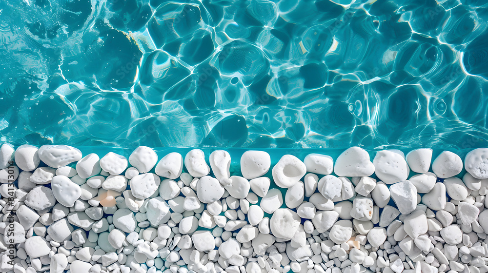 Poster top view of white pebbles on the bottom and turquoise water in an indoor pool. flat lay banner with 