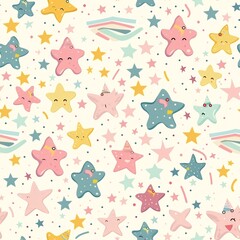 Pastel coloured stars and birthday graphics in a seamless pattern, creating a fantasy-like atmosphere with a flow of colours, suitable for pride and party posters