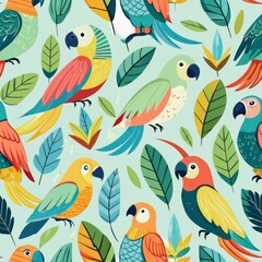 Seamless pattern of playful parrots with colorful feathers and perches, Generative AI