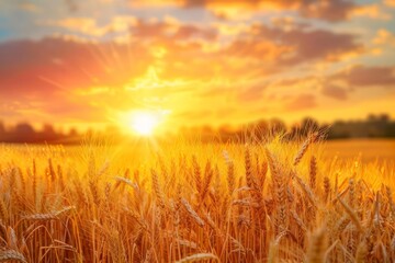 A serene scene of a sunset painting the sky in hues of orange and pink, illuminating a field of golden wheat