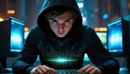A young male teenager intensely focuses on coding at his computer in a dark room, illuminated by screens displaying data.. AI Generation