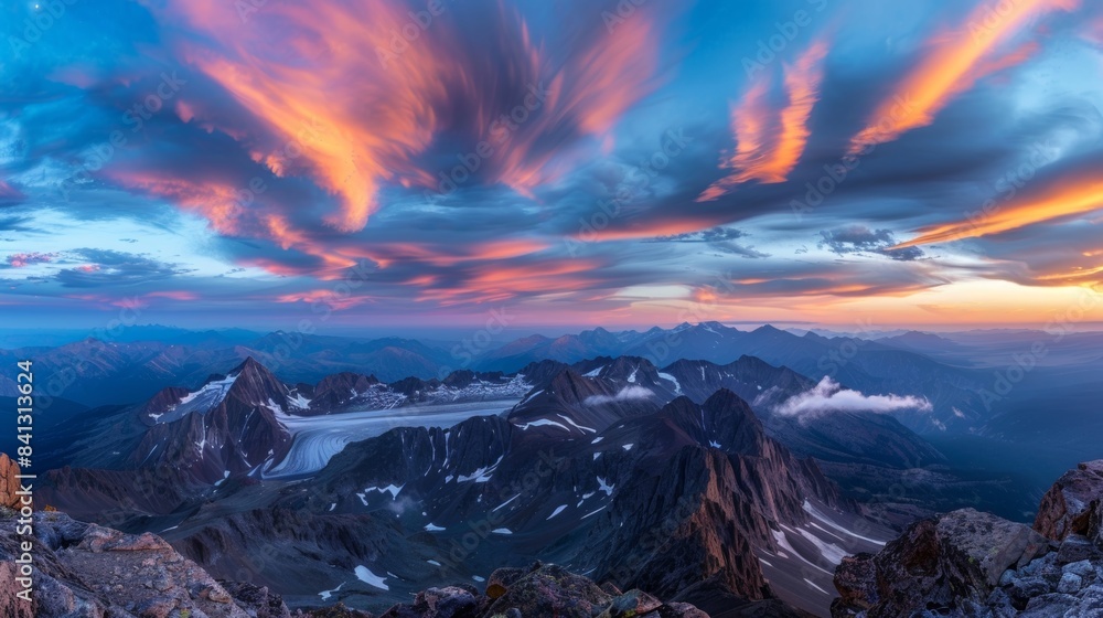 Poster a surreal play of light and shadows with colorful stratospheric clouds casting an ethereal glow on t