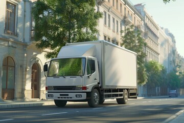 white eco-friendly eco-car delivery truck driving down bustling city street. concept: delivery of goods from online shopping. mockup template place for design 