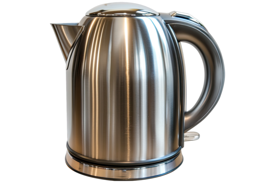 A shiny silver kettle with a black handle is sitting on a white surface. The kettle is reflecting the light from the window, isolated on transparent background