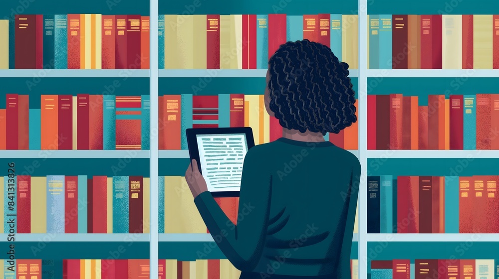 Aufkleber 3. illustrate a scene of a person using a tablet to browse through a virtual library of legal resour