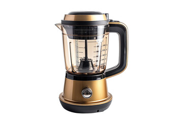 The image shows a  gold modern design electric kettle with glass jug and black handle, isolated on transparent background