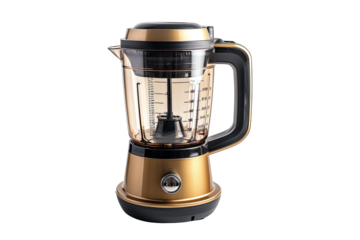 The image shows a  gold modern design electric kettle with glass jug and black handle, isolated on transparent background