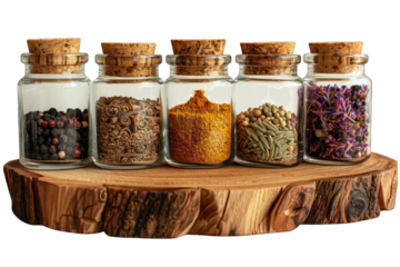 Six glass spice jars with various spices on a wooden stand, isolated on transparent background