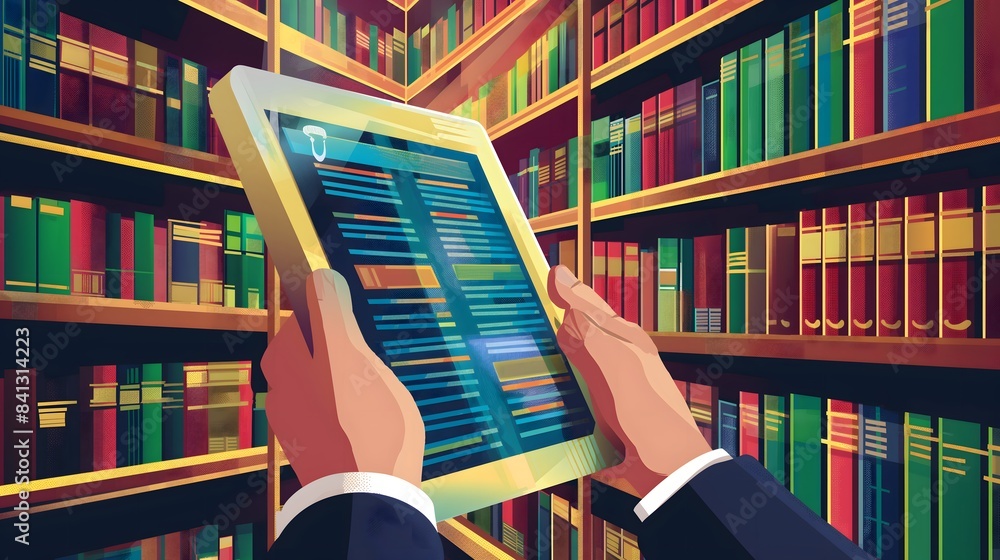 Aufkleber 3. illustrate a scene of a person using a tablet to browse through a virtual library of legal resour