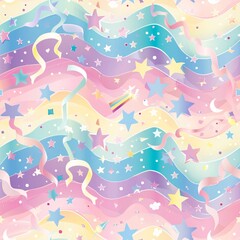 A seamless blend of stars and birthday icons in pastel rainbow colours, with a fantasy theme and flowing design, perfect for magical party prints and posters