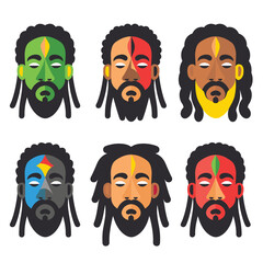 Six illustrated faces dreadlocks painted faces represent diverse emotions cultural expressions, face features unique color combinations motifs, likely symbolizing various meanings affiliations