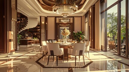 Fototapeta premium An opulent dining room in a upscale residence, as the real estate agent presents keys to the ecstatic new homeowner, highlighting a successful transaction in the luxury market