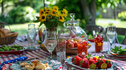 A decorated picnic table with Independence Day themed food and drinks, ready for a festive outdoor meal