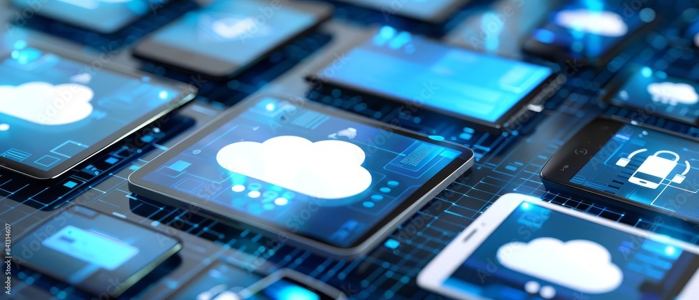 Poster array of devices connected to the internet, representing modern technology and cloud services, illus