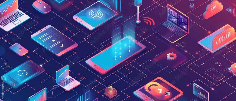 Poster array of devices connected to the internet, representing modern technology and cloud services, illus