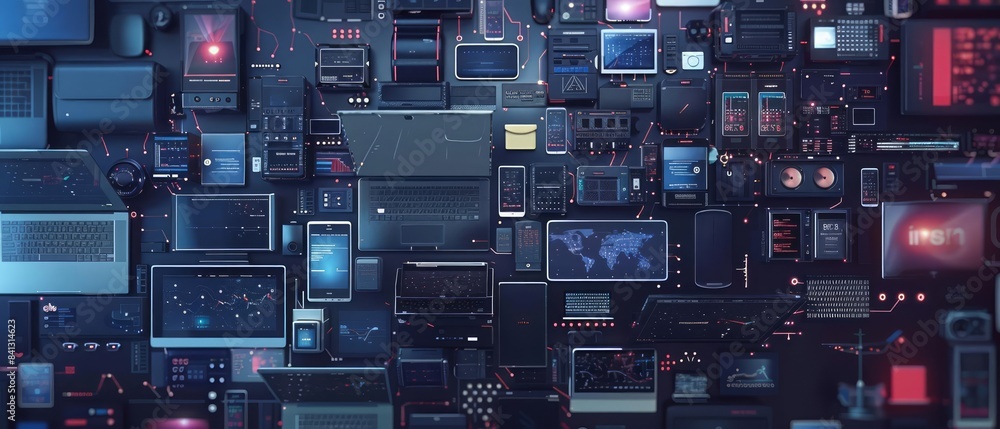 Poster array of devices connected to the internet, representing modern technology and cloud services, illus