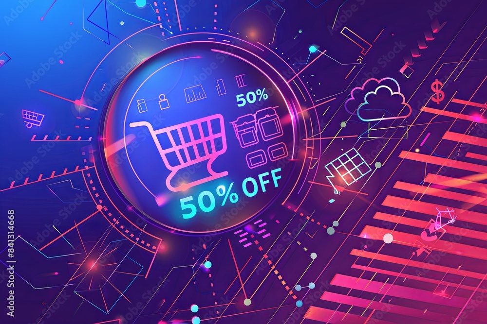Poster a vibrant abstract background with a digital shopping cart and 50% off text, representing an online 