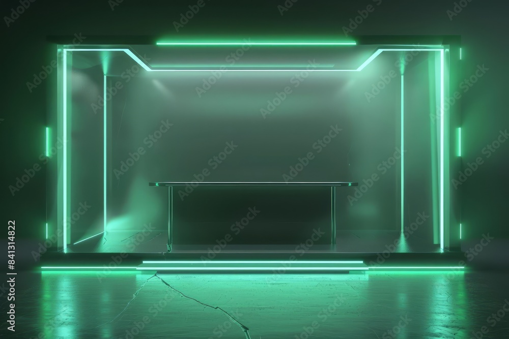 Poster blend futuristic elements with minimalist design in an illustration of an empty product stand aglow 