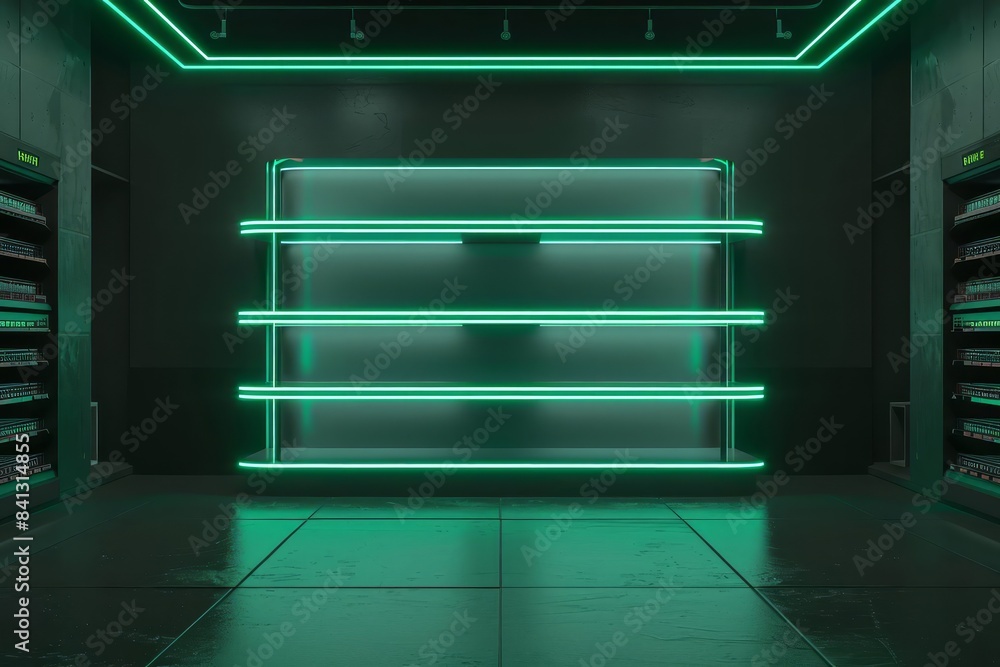Poster blend futuristic elements with minimalist design in an illustration of an empty product stand aglow 