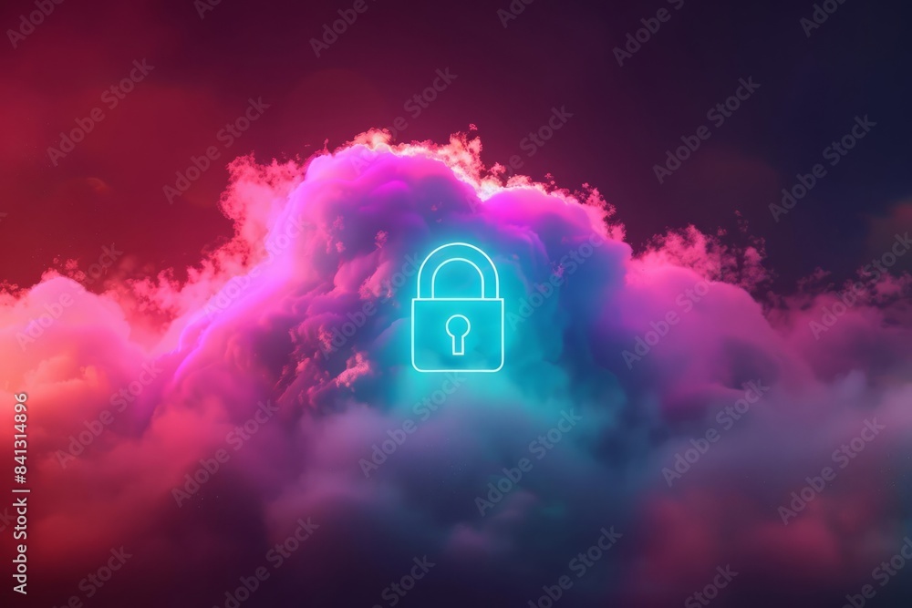 Poster bright neon cloud featuring a secure locked padlock, representing the importance of data security an