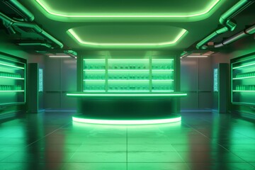 Blend futuristic elements with minimalist design in an illustration of an empty product stand aglow with bright green neon lighting