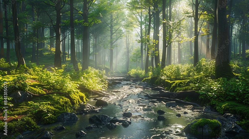 Poster dense forest with a small stream, sunlight filtering through the trees, lush greenery, hyper-realist