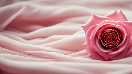 Fototapeta premium A pink rose on top of soft flowing fabric with a dreamy and romantic atmosphere art illustration design