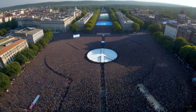 Aerial view of a massive crowd gathered in an outdoor public space, showcasing the scale and unity of the event. The image captures the vast number of participants and the surrounding architecture