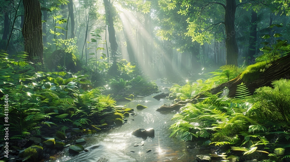 Poster dense forest with a small stream, sunlight filtering through the trees, lush greenery, hyper-realist