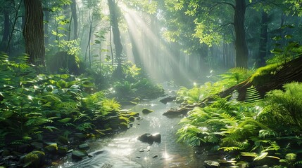 Dense forest with a small stream, sunlight filtering through the trees, lush greenery, hyper-realistic