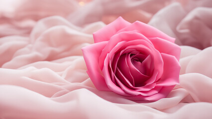 A pink rose on top of soft flowing fabric with a dreamy and romantic atmosphere art illustration design