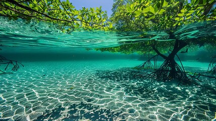 Clear water and mangrove trees underwater