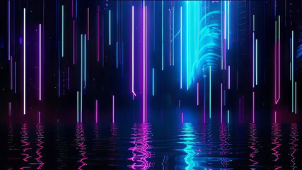 dark technology background with shimmering neon particles, smooth waves above the surface, basis for design, abstract dark background,
