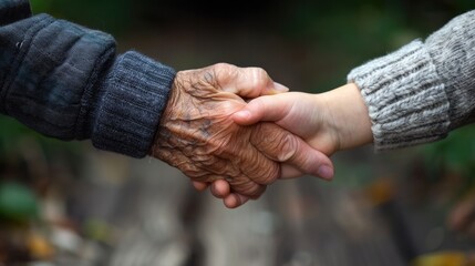 A closeup of two hands, one young and the other old with wrinkles holding each other. This scene conveys care for small children by older people, strong emotional connections between generations