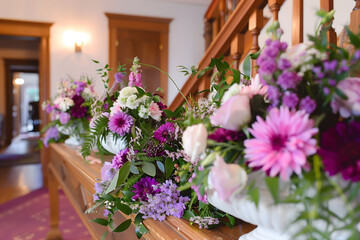 Beautifully decorated home for wedding party with vibrant asters. Celebratory and festive atmosphere.
