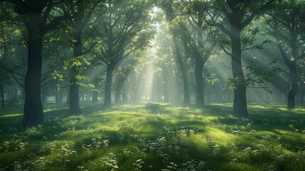 Obraz premium Capture a serene, mist-covered forest at dawn, with sunlight filtering through tall trees casting long shadows, evoking solitude and tranquility