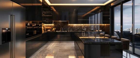 Fototapeta premium Envision a modern kitchen with sleek black cabinets, marble countertops, and stainless steel appliances