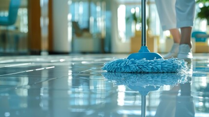Cleaning a shiny floor with a blue mop in a bright room