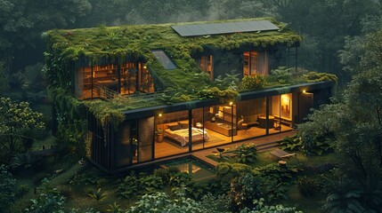 Eco-friendly house with solar panels and a green roof, sustainability in architecture