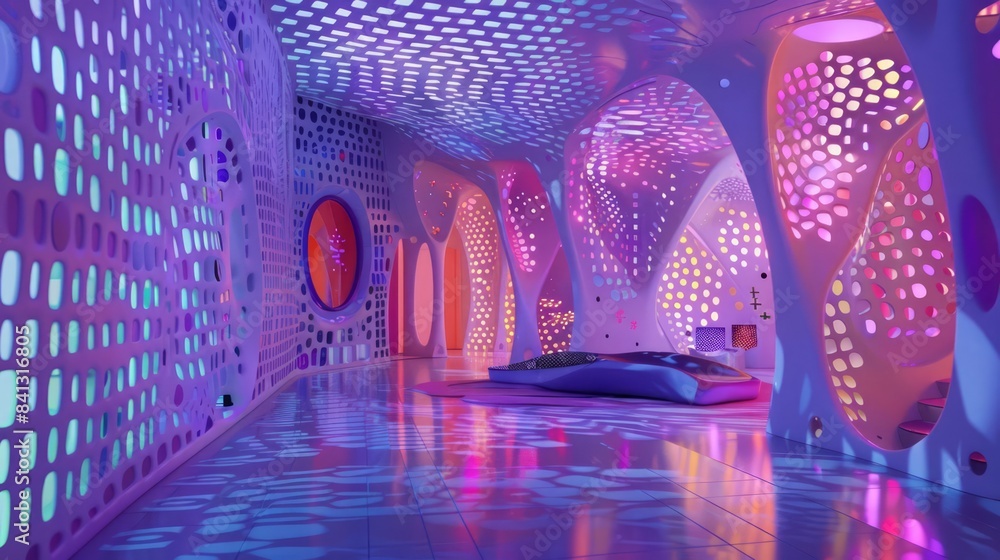 Poster design a futuristic interior featuring intricate patterns and geometric shapes illuminated by vibran