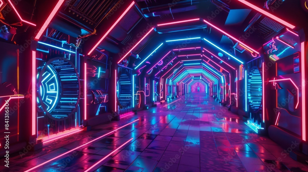Aufkleber design a futuristic interior featuring intricate patterns and geometric shapes illuminated by vibran