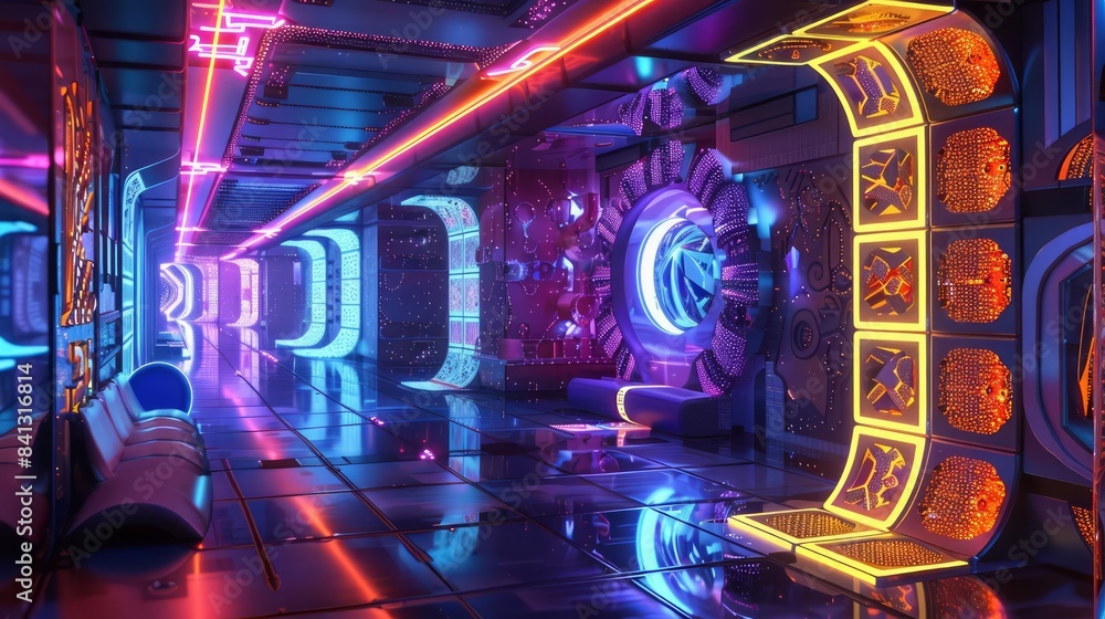 Poster design a futuristic interior featuring intricate patterns and geometric shapes illuminated by vibran