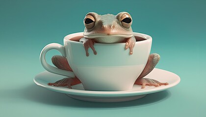 A frog peeks out from a white teacup against a teal background. This whimsical and charming scene captures the frog's curious expression and creates a playful, lighthearted atmosphere.
