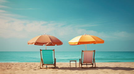 Two beach chairs under an umbrella on a sandy beach, with a turquoise ocean and palm trees in the background. Perfect for summer vacation and relaxation.