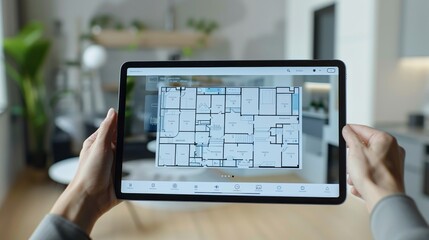 Person holding a tablet showing a house floor plan in a modern room