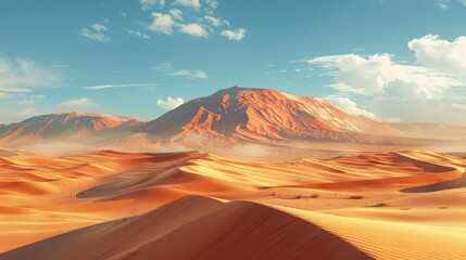 Fototapeta premium Capture the grandeur of a desert landscape from a worms-eye view Show towering sand dunes with intricate textures and golden hues Use digital techniques to create a photorealistic