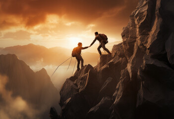 Fototapeta premium Hikers climbing on rock, mountain at sunset, one of them giving hand and helping to climb. Help, support, assistance in a dangerous situation.